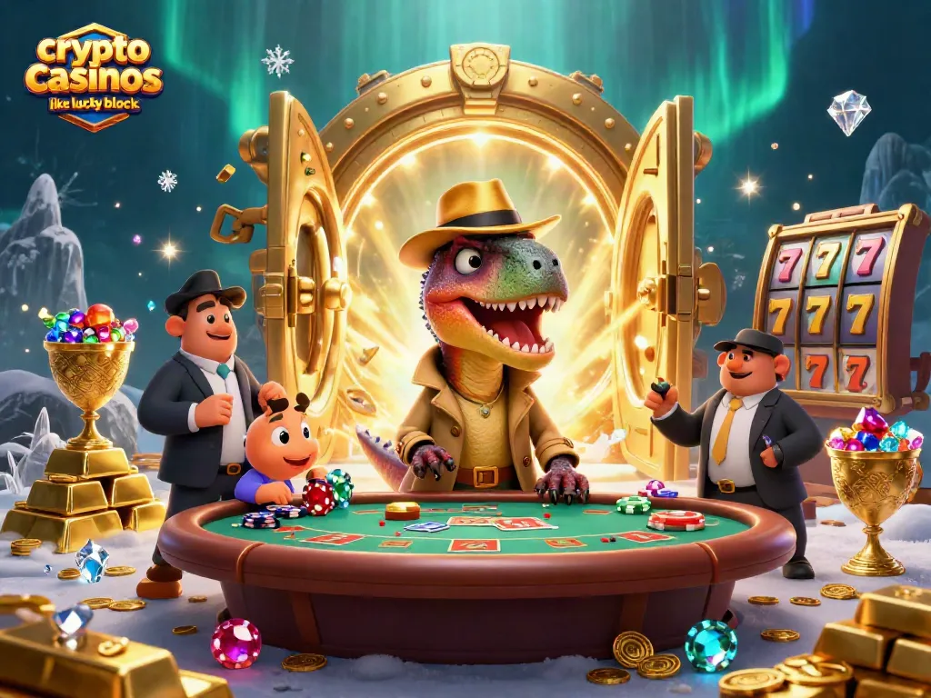 Engage with crypto casinos like lucky block in a vibrant, dynamic gaming scene featuring unique characters and rich visuals.