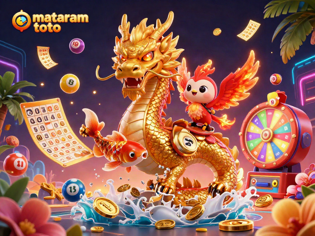 Spin to win with mataram toto in this vibrant 3D lottery scene featuring a dragon and phoenix.