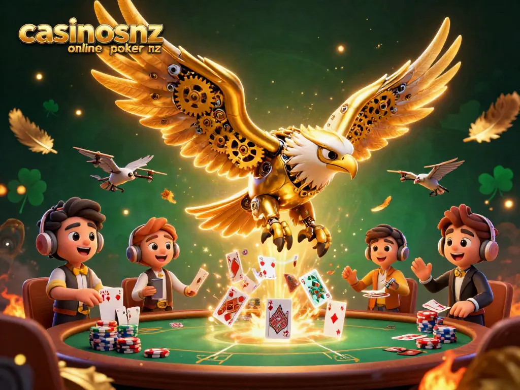 Experience casinosnz online poker nz with an ultra-detailed 3D illustration of a golden eagle amid poker elements.
