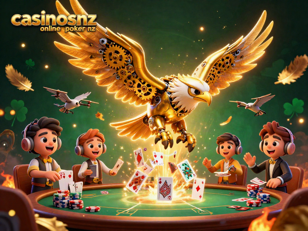Experience casinosnz online poker nz with an ultra-detailed 3D illustration of a golden eagle amid poker elements.