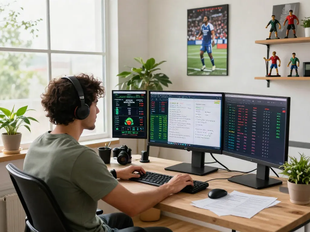 Analisis taruhan olahraga di ruang kerja modern dengan dolar123 sebagai fokus.