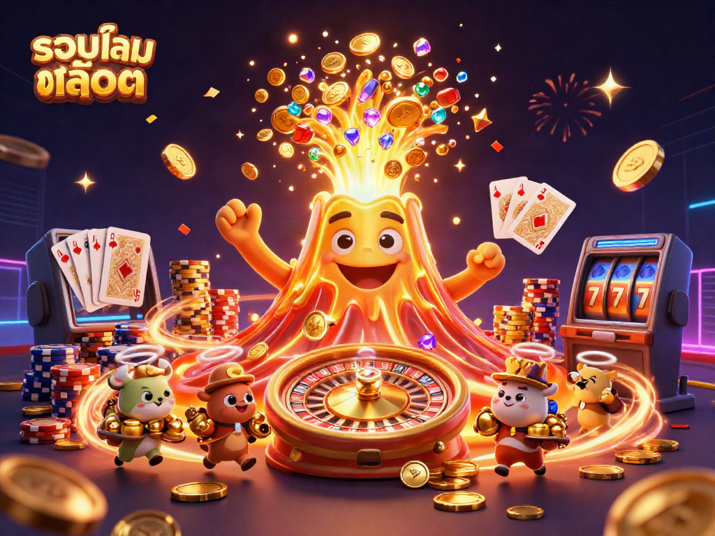 Engage in รวมเกมสล็อต action with a dynamic 3D scene of a golden volcano showering treasure amidst lively casino elements.