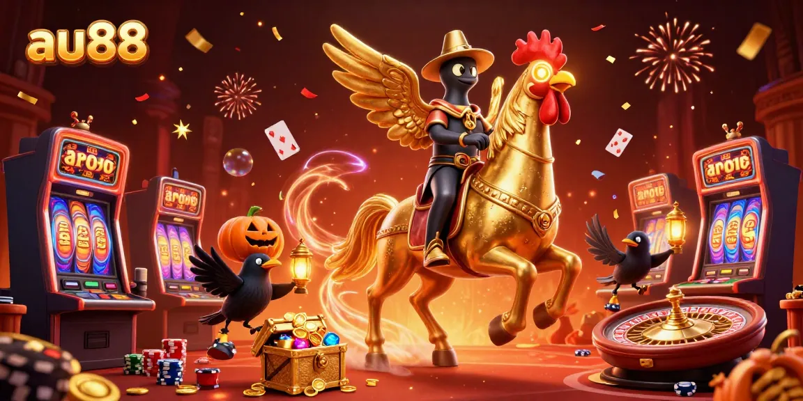 Experience thrilling adventures at AU88's vibrant casino, featuring golden rooster and colorful characters.