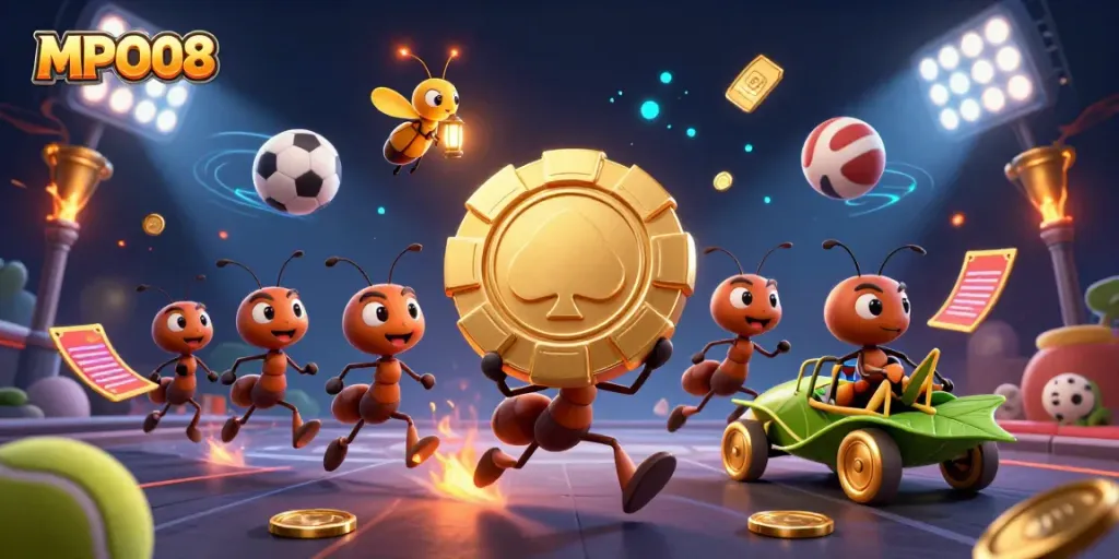 Ants carrying a giant golden poker chip representing MPO08, in a vibrant casino heist scene.