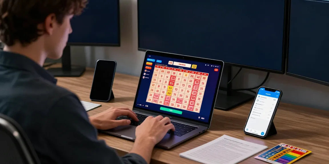Ratutogel peserta taruhan dengan laptop dan ponsel menampilkan grafik lotere yang menarik.