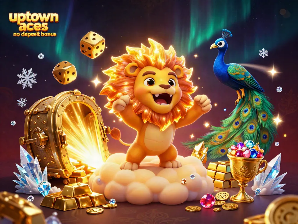 Win big with uptown aces no deposit bonus featuring a vibrant 3D casino scene and golden treasures.
