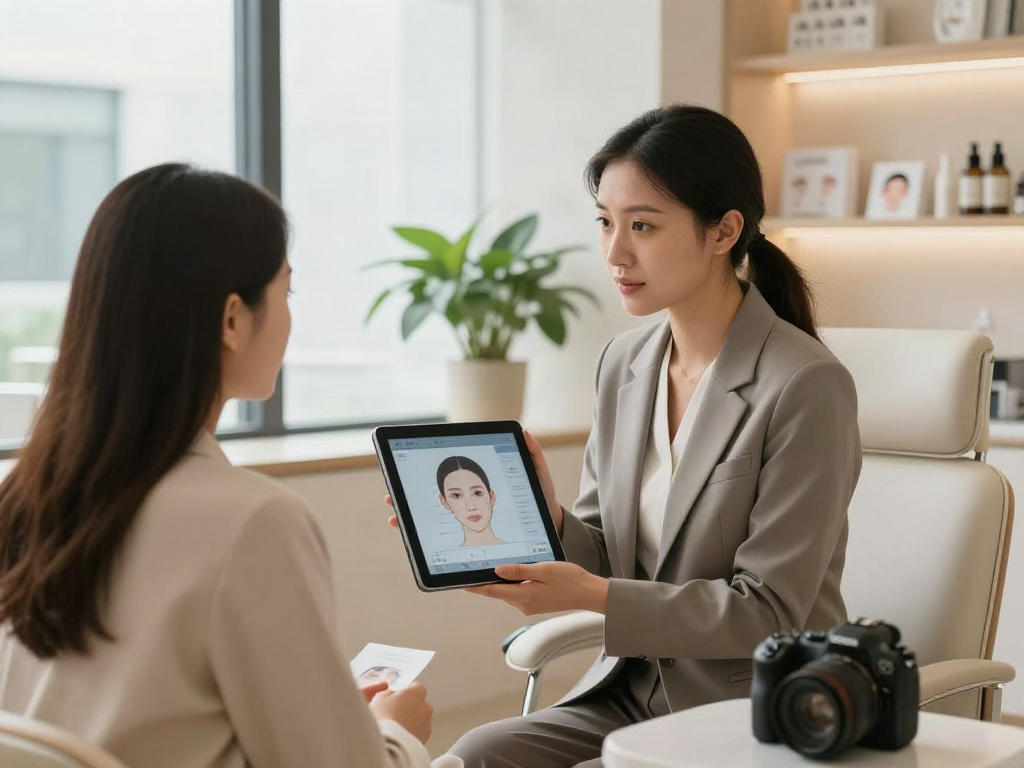 Consultation showcasing how ClinicEvo is better than QOVES through personalized facial analysis.