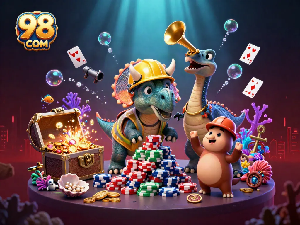 Engage in online gaming excitement with 98 WIN COM's vibrant casino atmosphere and fun characters!