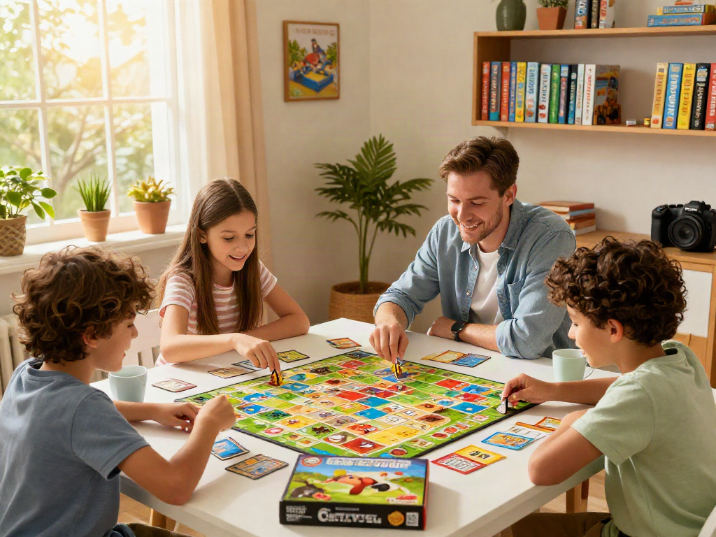 Engaging family playing Catan board game, bright game room with vibrant lighting and colorful game elements.