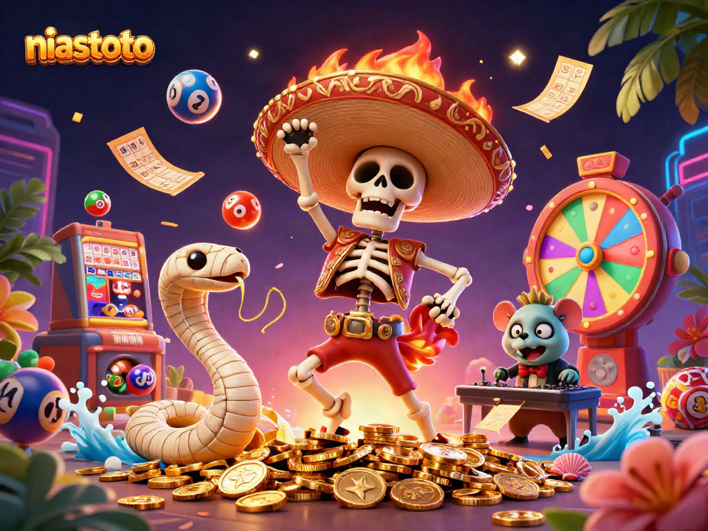 Experience the thrill of niastoto with vibrant characters and dynamic game elements in a festive casino scene.