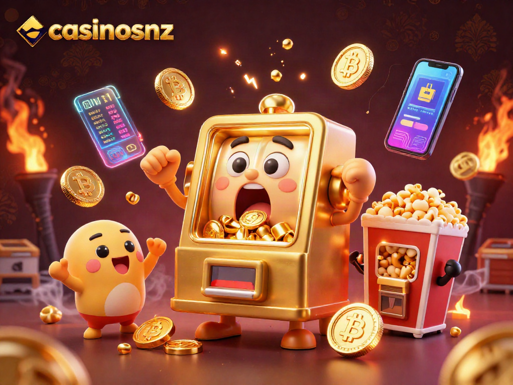 Experience casinosnz thrills with a golden slot machine hitting a jackpot, coins flying everywhere.