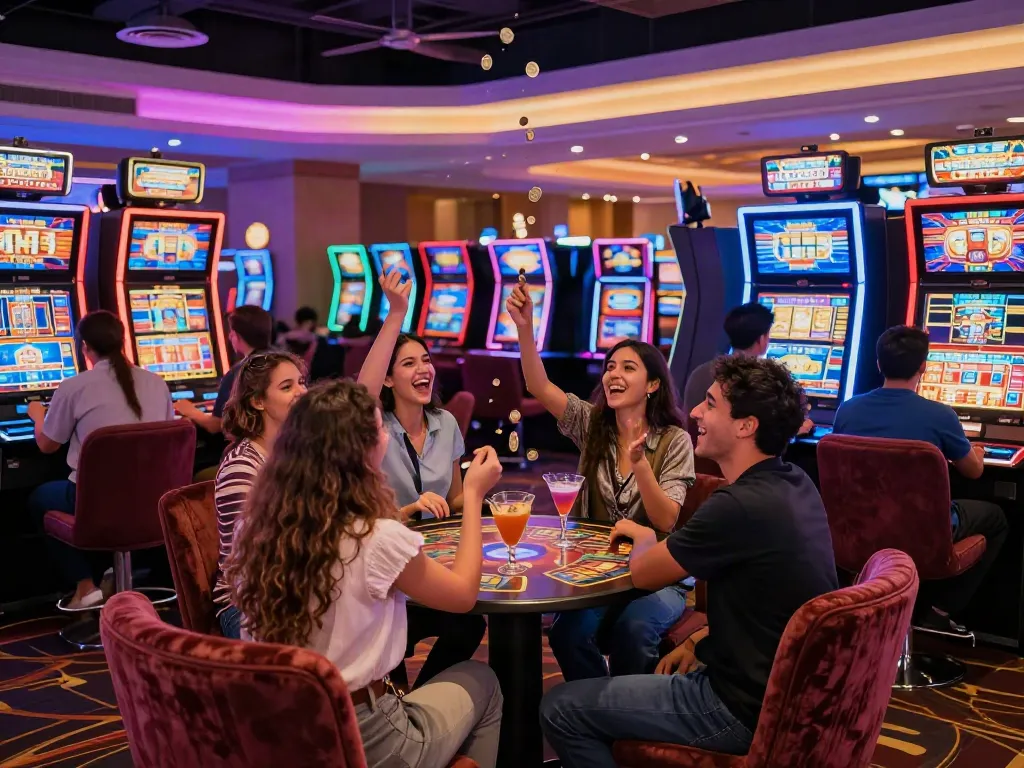 Exciting casino atmosphere featuring friends celebrating a win at slot machines.