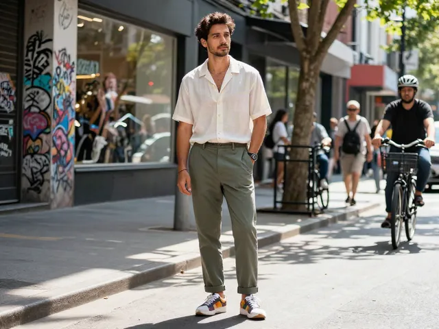 Man in casual heren kleding op een druk stadsplein met trendy outfit en sneakers.