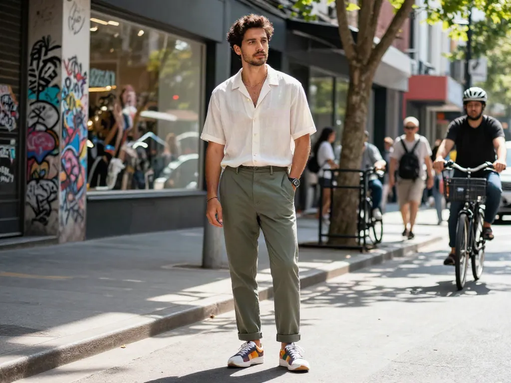 Man in casual heren kleding op een druk stadsplein met trendy outfit en sneakers.