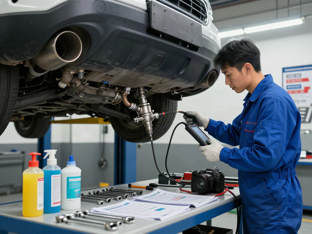 Mechaniker bei der DPF-Regeneration in einer professionellen Werkstatt.