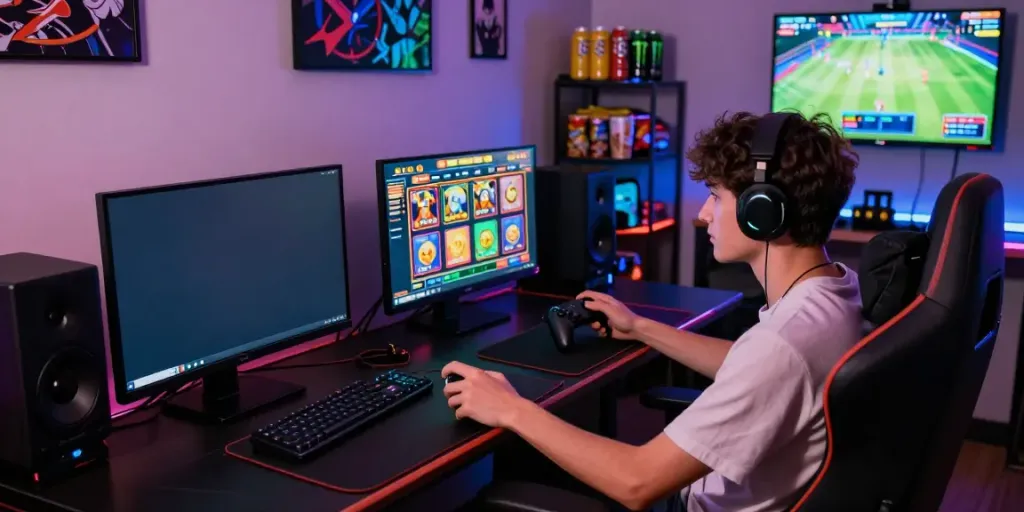 Penggemar bermain di game slot digital bukumimpi138 dengan konsentrasi tinggi, dikelilingi dekor gaming yang cerah.