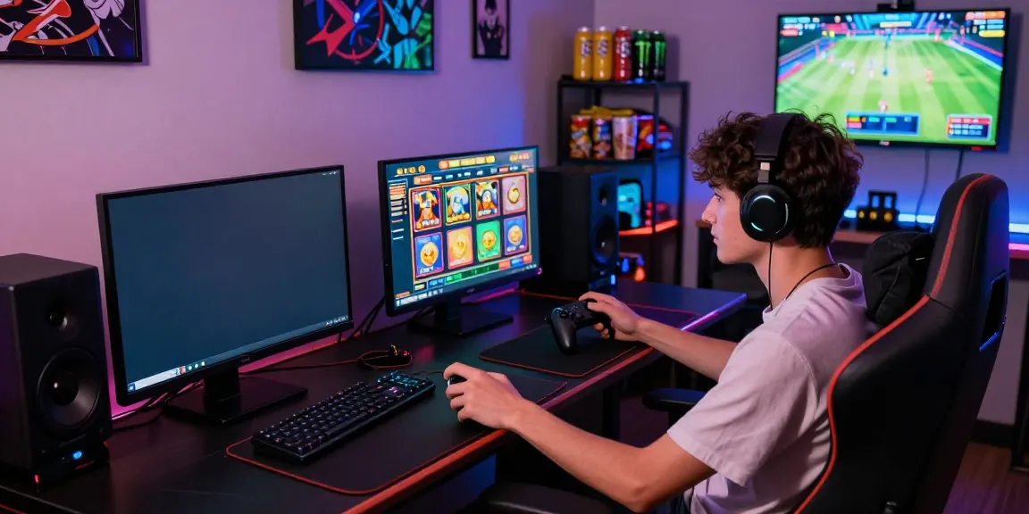 Penggemar bermain di game slot digital bukumimpi138 dengan konsentrasi tinggi, dikelilingi dekor gaming yang cerah.