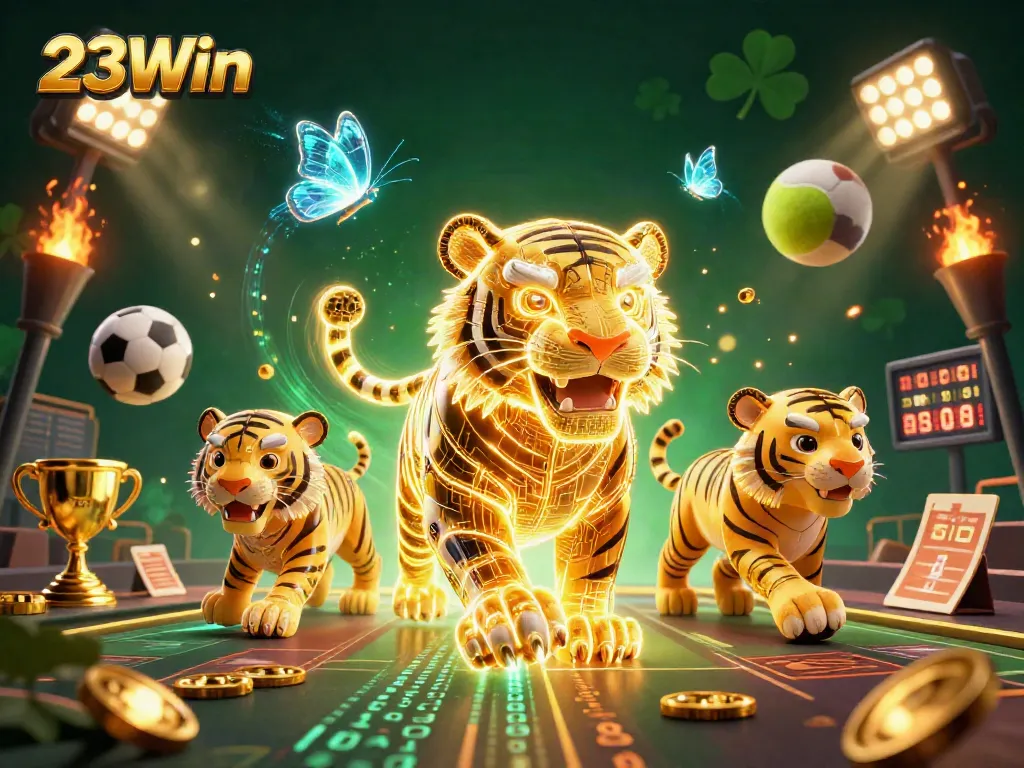 Engage with the thrilling experience of 23Win in a vibrant digital casino atmosphere with dynamic sports elements.