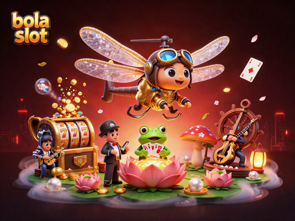 Experience the excitement of bola slot with a vibrant 3D illustration showcasing a dragonfly pilot and a frog croupier.