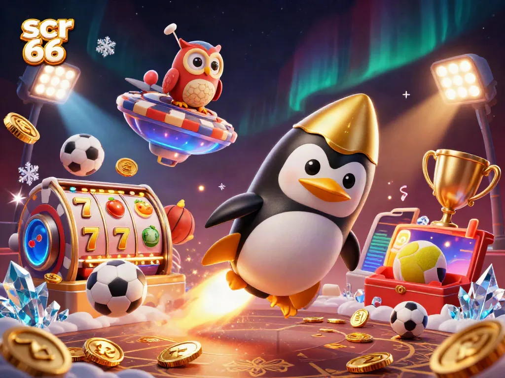 Experience excitement with scr 66 as the golden penguin flies toward a vibrant casino