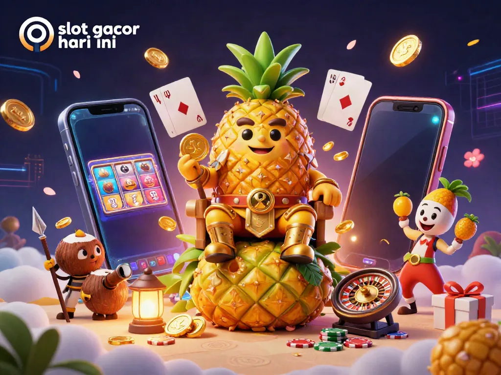 Experience excitement with the slot gacor hari ini scene featuring a golden pineapple king and vibrant casino elements.