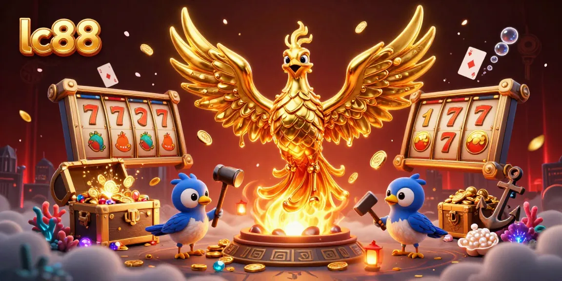 Showcase lc88's thrilling gaming experience with a molten golden phoenix amidst slot reels and coins.