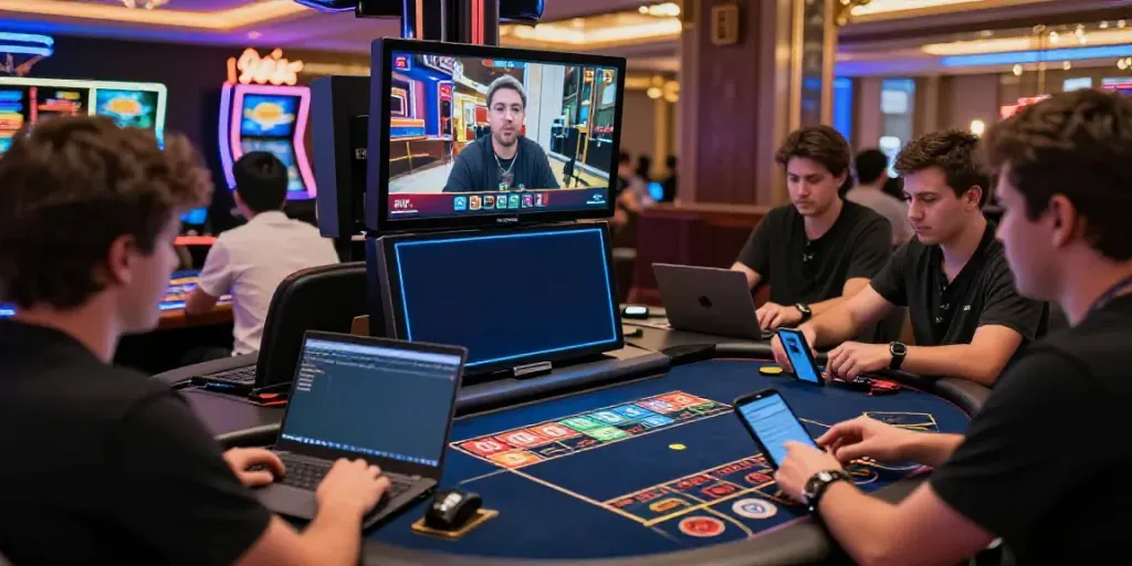 Interactive gaming environment featuring players engaged in situs togel online with vibrant screens and modern decor.