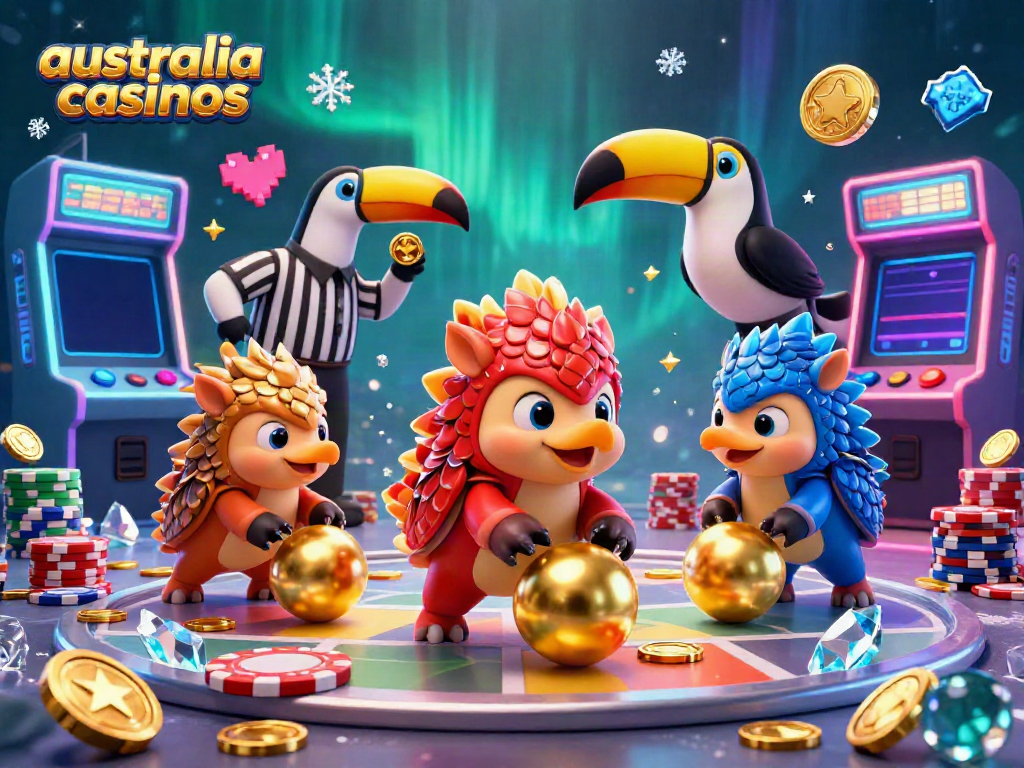 Rival pangolins compete in a gambling-themed arcade scene, showcasing australia casinos elements.