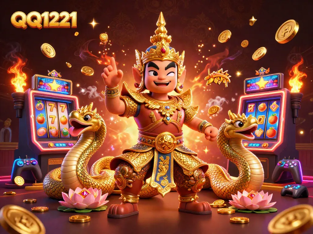 Engage with QQ1221 through vibrant casino elements in a lively 3D illustration.