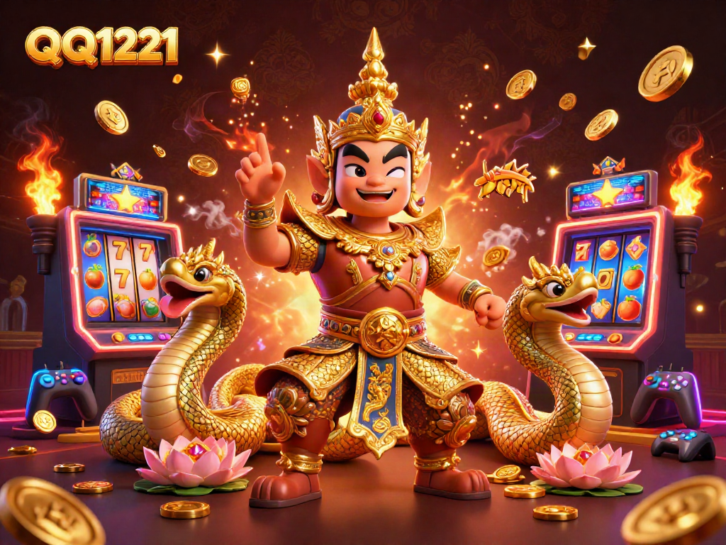 Engage with QQ1221 through vibrant casino elements in a lively 3D illustration.