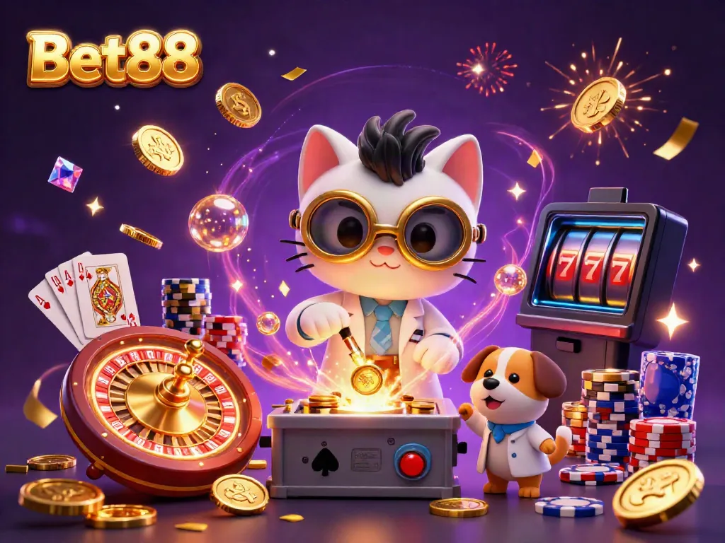 Bet88 features an exciting 3D illustration of a mad scientist cat and assistant with casino elements, celebrating wins.