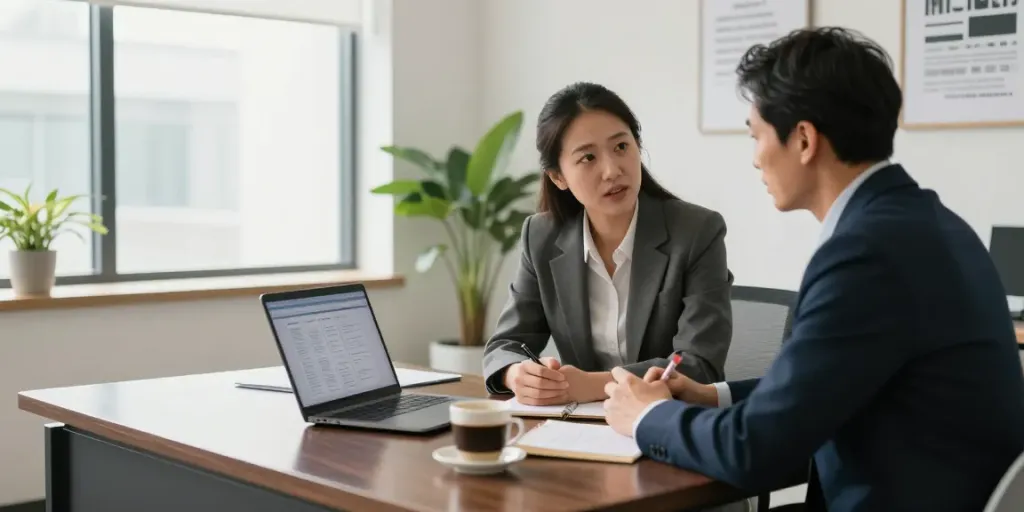 Engaging PedroVazPaulo Executive Coaching session with a senior executive and coach in a modern office.