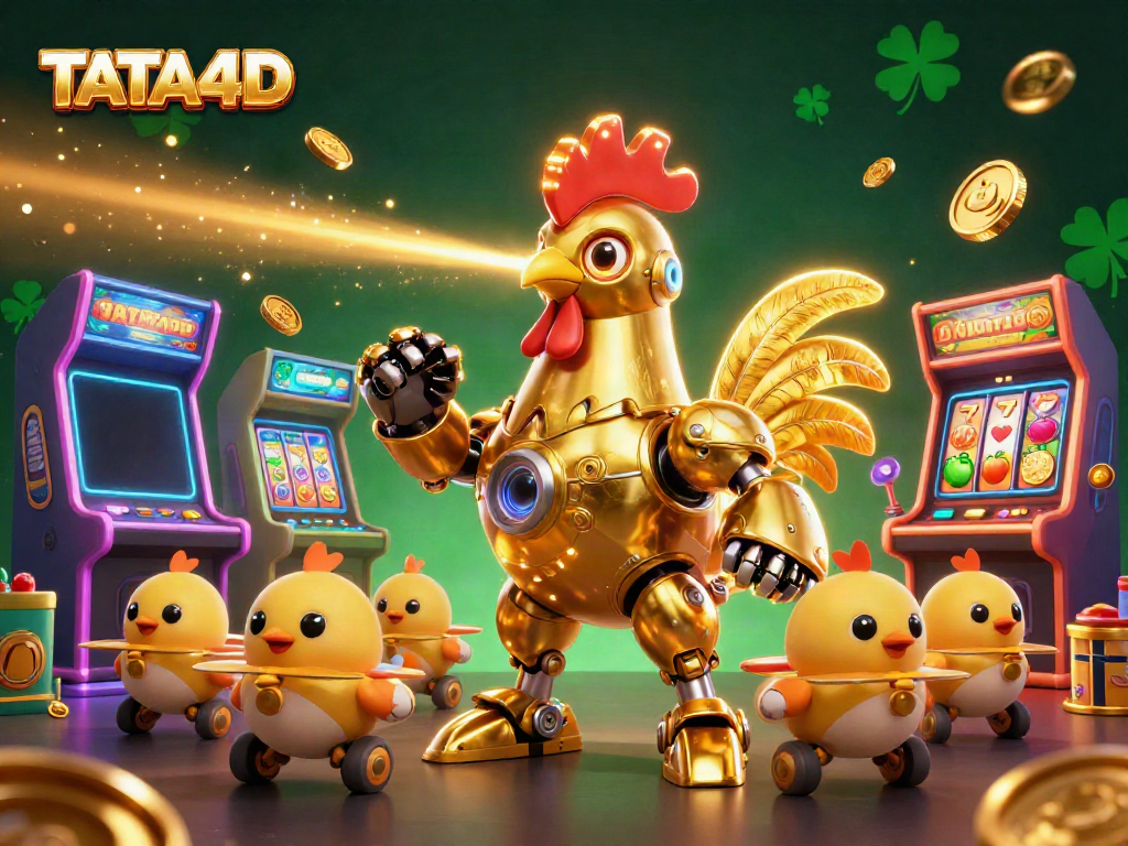 TATA4D showcases a dynamic scene with a golden rooster robot engaging in arcade gameplay while surrounded by vibrant slot machines.