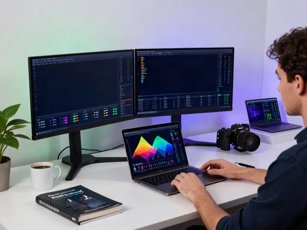 Dynamic trading environment using market data API for cryptocurrency, featuring dual monitors with charts and analysis.