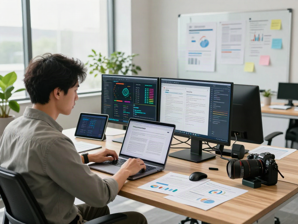 Data analyst examining document fraud detection solution in a modern office setup with high-tech gadgets.
