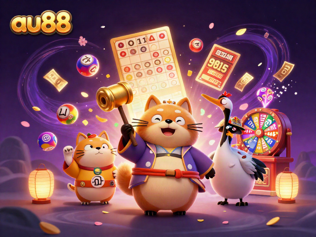 Experience the vibrant world of au88 with our cheerful tanuki and lucky charms in this dynamic casino scene.