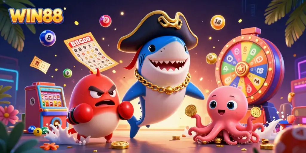Win88's vibrant casino scene with a pirate shark, pufferfish, and octopus amidst colorful gaming elements.