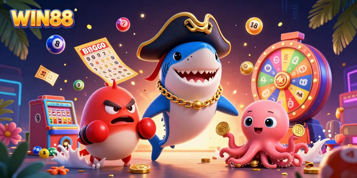 Win88's vibrant casino scene with a pirate shark, pufferfish, and octopus amidst colorful gaming elements.