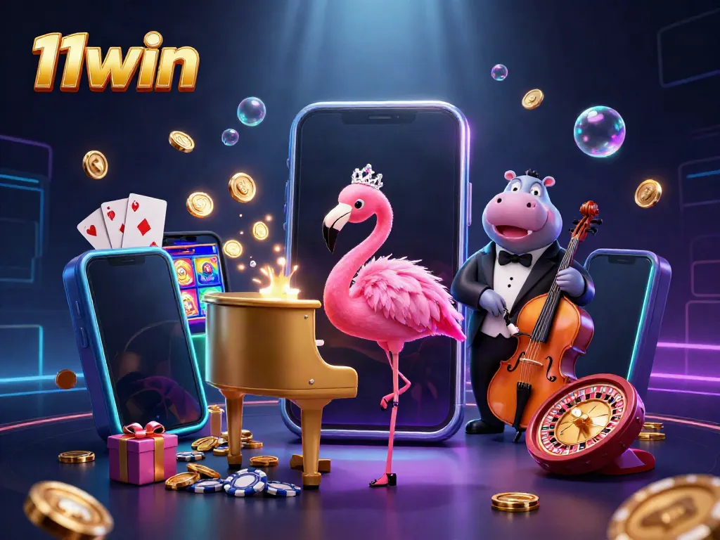 Experience the excitement at 11win with a lively casino scene featuring a flamingo lounge singer and hippo bassist.