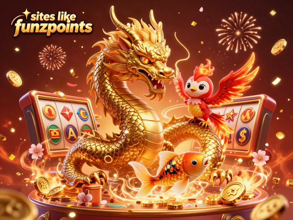 Play exciting games like slots at sites like funzpoints, featuring vibrant dragons and golden coins.