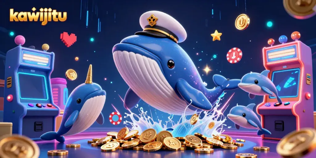 Experience the thrill of kawijitu with playful dolphins, a majestic whale, and vibrant casino elements!