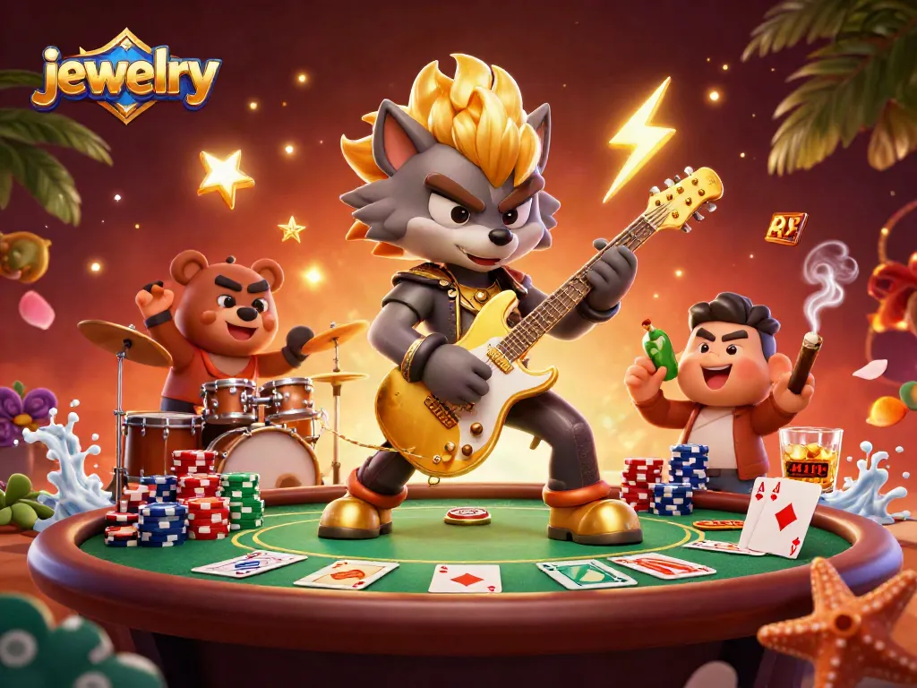 Unleash captivating jewelry designs at a lively casino scene with vibrant poker elements.